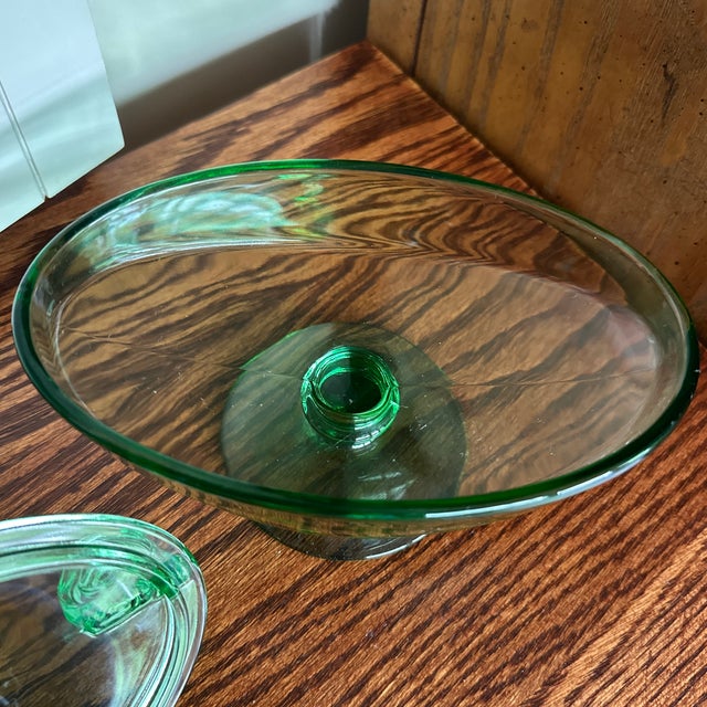 Vintage Fostoria Glass Co. Vesper Green Footed Candy Jar & Cover, Also Known as a Covered Compote Bowl. For Sale In Palm Springs - Image 6 of 10
