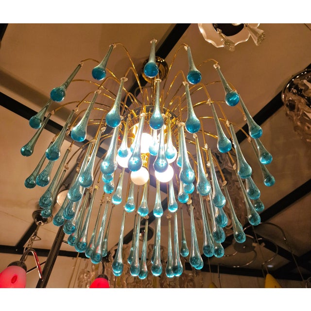 Vintage Gold Rain Chandelier with Handmade Murano Glass Blue Drop, Italy, 1960 For Sale - Image 10 of 13