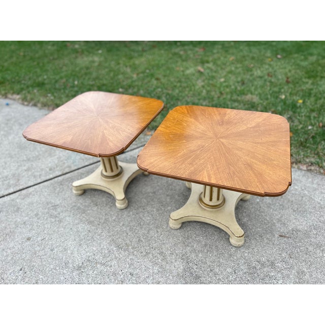 Mid-Century Modern Vintage Henredon Pair of Neo-Classical Walnut & Ivory Accent Tables For Sale - Image 3 of 10