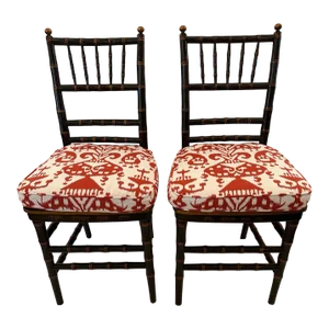 Black Faux Bamboo Hand Painted Side Chairs With New Cushions -A Pair