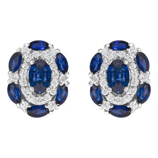 14K White Gold Blue Sapphire and Diamond Vintage Style Stud Earrings (G-H Color, SI2-I1 Clarity) For Sale