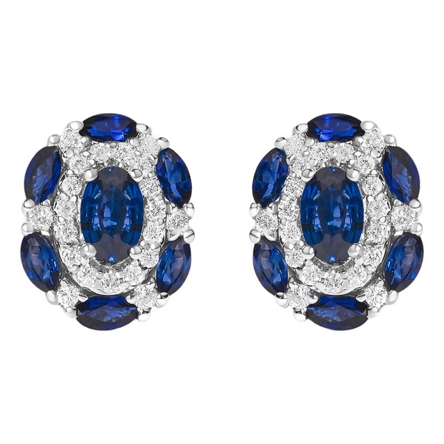 14K White Gold Blue Sapphire and Diamond Vintage Style Stud Earrings (G-H Color, SI2-I1 Clarity) For Sale