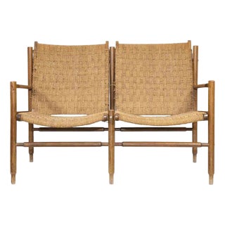 Mid-Century Two-Seater Sofa in Teak and Straw For Sale