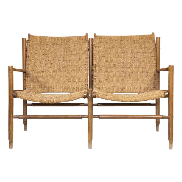 Mid-Century Two-Seater Sofa in Teak and Straw For Sale