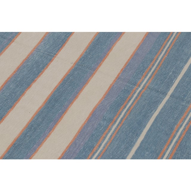 Textile Rug & Kilim’s Indian Dhurrie Rug in Slate Blue and Ivory Stripes For Sale - Image 7 of 10