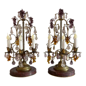 Pair Early 20th Century French Girandoles Electric Candelabra With Grapes and Decorative Prisms