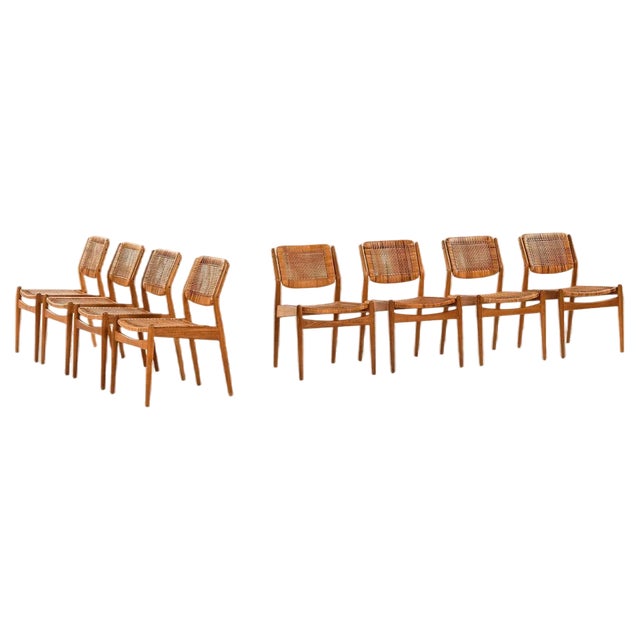 Vintage Dining Chairs in Oak and Woven Cane by Arne Vodder, 1951, Set of 8 For Sale