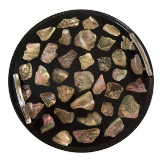 Vintage Abalone Shell Mosaic Round Tray - Design Gifts International - Black Lacquer - Mid-Century Coastal For Sale