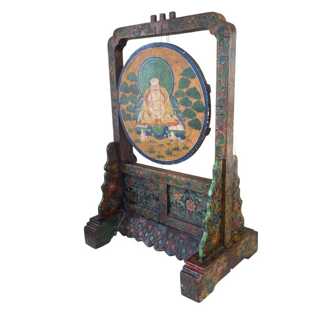 Brown Rare Large Vintage Tibetan Wood Buddha Gong & Stand 32.5" H For Sale - Image 8 of 11