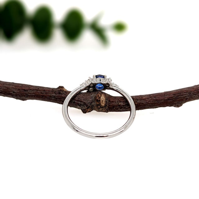 Blue Dainty Ceylon Sapphire Ring W Earth Mined Diamonds in Solid 14k Gold | Rd 4mm For Sale - Image 8 of 10