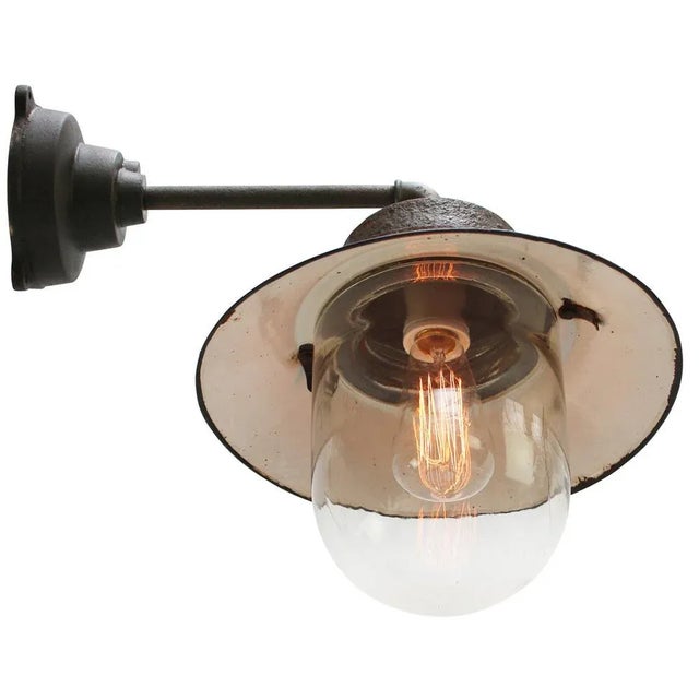 Vintage Industrial Clear Glass and Petrol Enamel Wall Light For Sale - Image 5 of 6