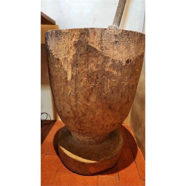 Brown Large Antique Hand-Carved Wooden Mortar and Pestle For Sale - Image 8 of 9