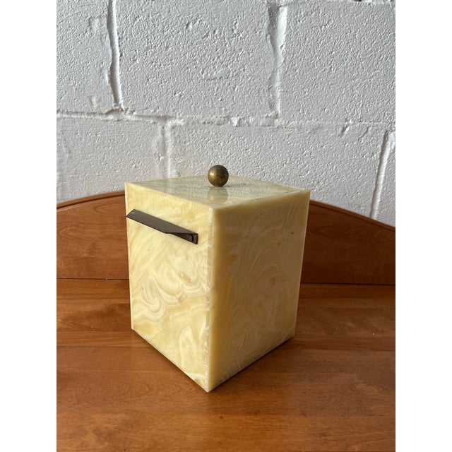 Metal 1970s Ice Bucket Faux Onyx Marble Effect and Brass For Sale - Image 7 of 11
