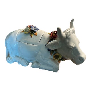 Vintage Italian Majolica Ceramic Hand Painted Cow Soup Tureen For Sale