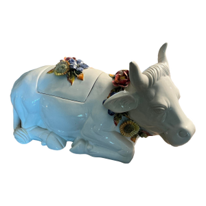Vintage Italian Mojolica Ceramic Hand Painted Cow Soup Tureen