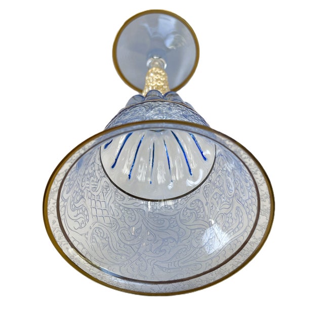 Pair of Hand-Blown Murano Etched Pale-Blue Gold-Stem Goblets For Sale In Washington DC - Image 6 of 6