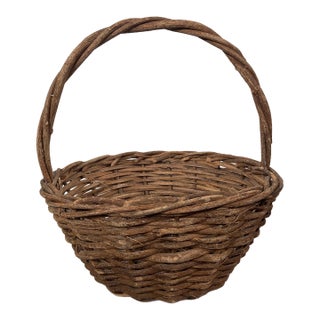 Antique Early 20th Century Woven Willow Twig Gathering Basket With Twisted Handle For Sale