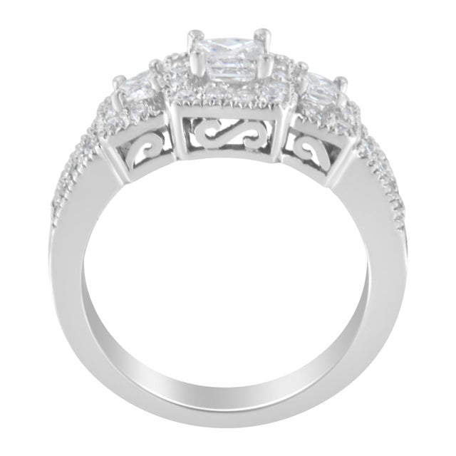 Haus of Brilliance 14K White Gold Round and Princess-Cut Diamond Three Stone Ring (1 Cttw, H-I Color, I1-I2 Clarity) - Size 8 For Sale - Image 4 of 7