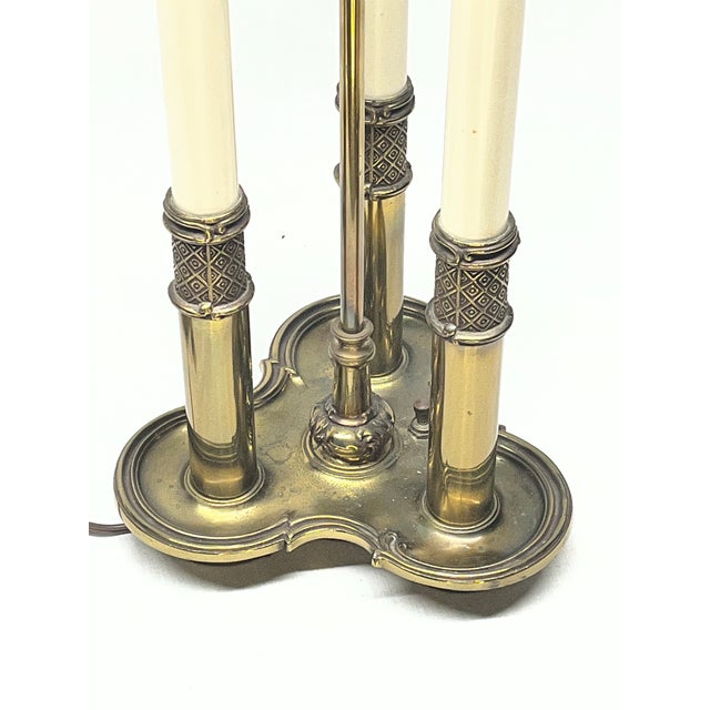Brass Mid 20th Century Stiffel Brass 3-Light Bouillotte Table Lamp With Black Tôle Shade For Sale - Image 8 of 12