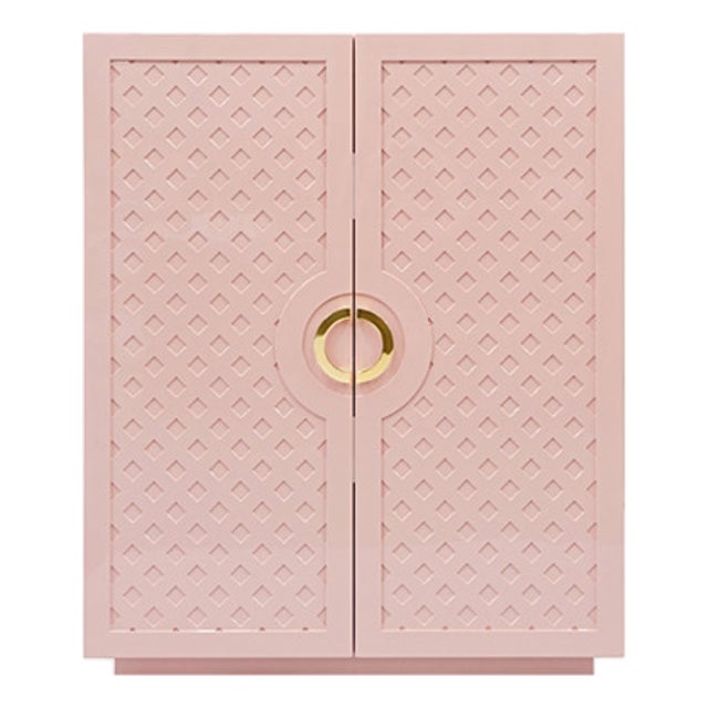 Matthew Izzo Home Poppy Pink Lacquer Two Door Cabinet With Lattice Design and Brass Knobs For Sale