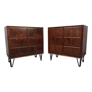 Mid 20th Century Modern Burled Walnut Cabinets on Hairpin Legs, A Pair For Sale