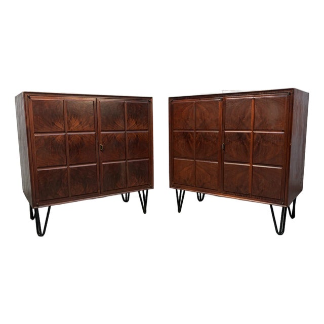 Mid 20th Century Modern Burled Walnut Cabinets on Hairpin Legs, A Pair For Sale