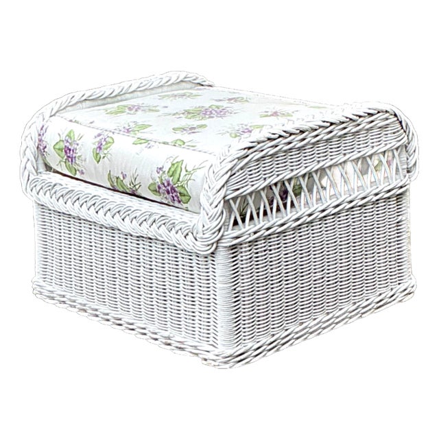 Vintage Braided White Rattan Ottoman For Sale