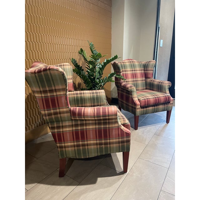 1990s Custom Calico Corners Tartan Plaid & Wood Wingback Chairs, English Country - A Pair For Sale - Image 5 of 12