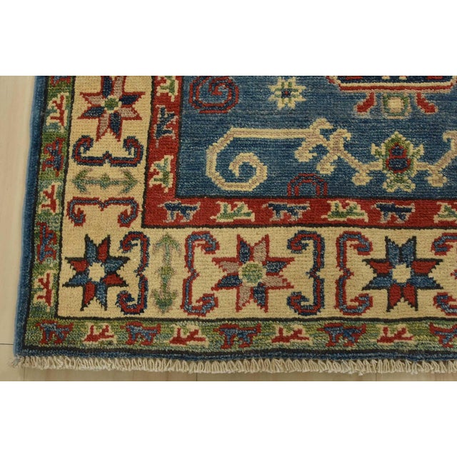 Textile Kazak Rug 2’9” X 4’2” Blue Wool Tribal Hand-Knotted Oriental Carpet For Sale - Image 7 of 10