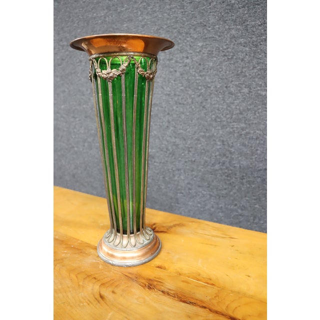 Emerald Glass & Copper Fluted Vase For Sale - Image 4 of 8