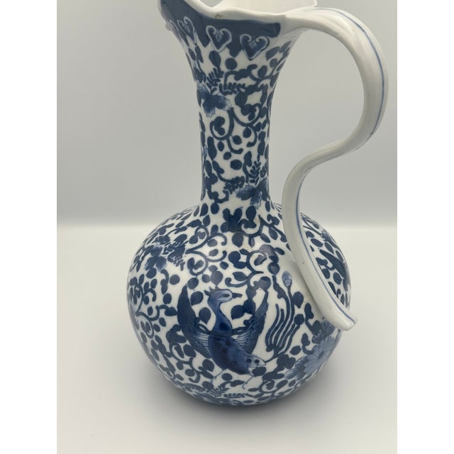 Mid 20th Century Vintage Chinoiserie Blue & White Porcelain Ewer – Hand Painted Birds & Florals For Sale - Image 5 of 10