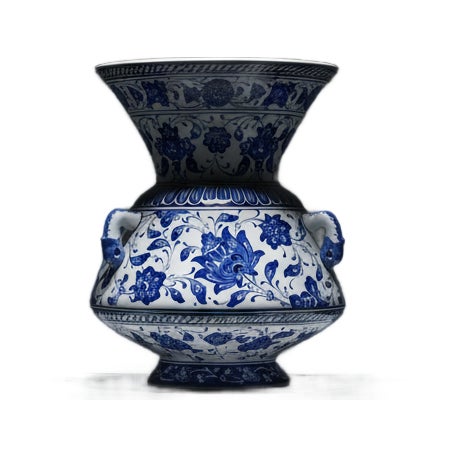 Handmade Ceramic “Kandil” Vase (30cm) Authentic Ottoman Oil Lamp with Triple Handles – Blue & White Urn Centerpiece For Sale