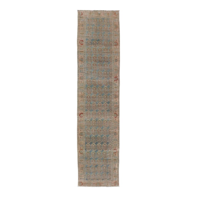 Antique Persian Malayer Runner With Paisley Design in Light Blue Background 3'8 X 16'7 For Sale