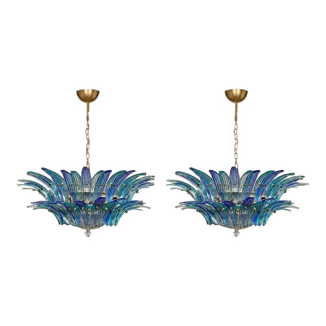 Blue Turquoise Palmette Murano Chandelier, 82 Elements Murano Shutters - a Pair For Sale