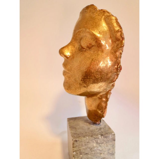 1930s Vintage Irma Rothstein Gold Cracklure Glaze Face Sculpture For Sale - Image 4 of 6