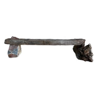Primitive Mesquite Wood and Stone Bench Curated by Ambianic For Sale