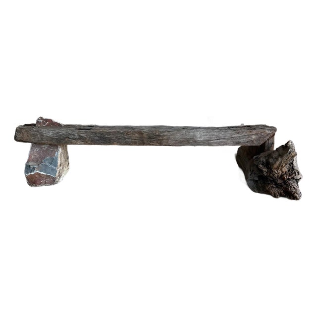 Primitive Mesquite Wood and Stone Bench Curated by Ambianic For Sale