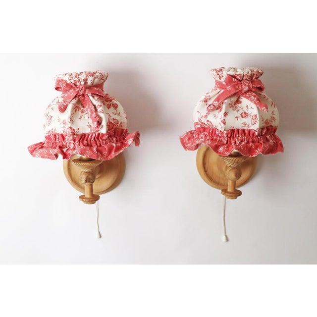 Swedish Pinewood Wall Lamps with Floral Textile Shades, 1970s, Set of 2 For Sale - Image 16 of 18