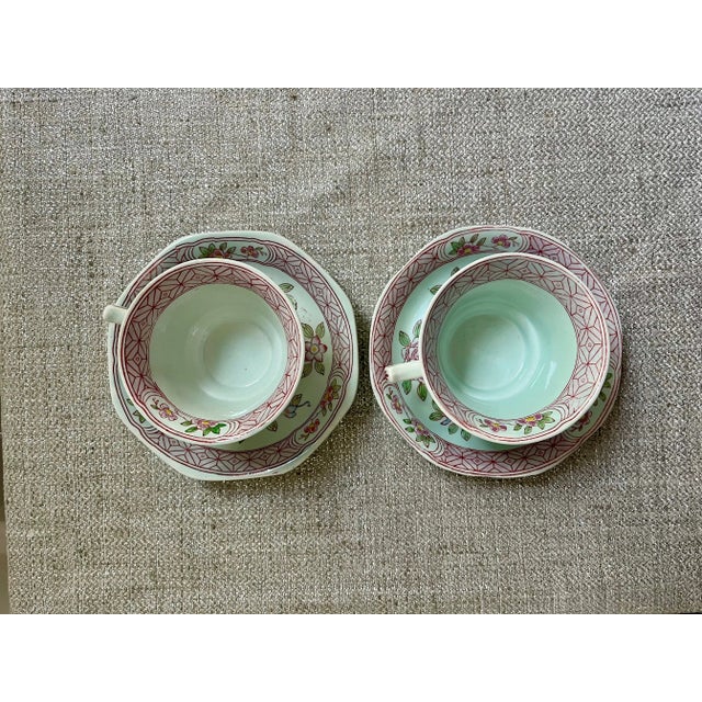Celadon 1960s Adams Calyx Ware, "Singapore Bird" Motif Tea Cups and Saucers Set- 4 Pieces For Sale - Image 8 of 8