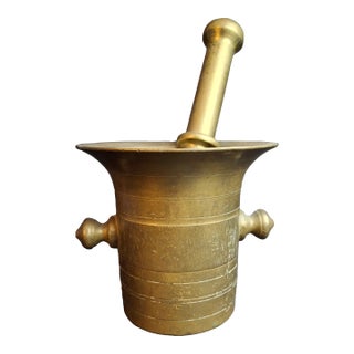 Antique Judaica Brass Mortar and Pestle Set Heavy 7.5lb Heavy Cast Found J. Greenstein Provenance For Sale
