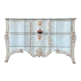 Crackled Patina Gustavian Blue Carved French Commode Dresser - Newly Painted For Sale