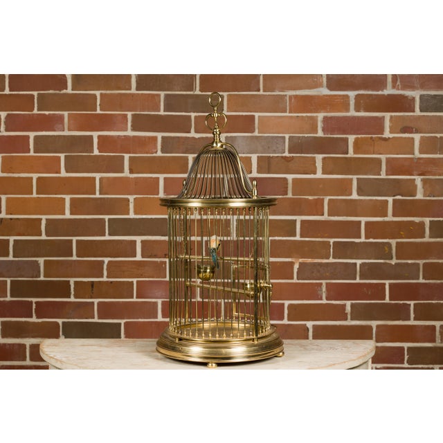 French Midcentury Brass Circular Birdcage with Decorative Bird For Sale - Image 11 of 11