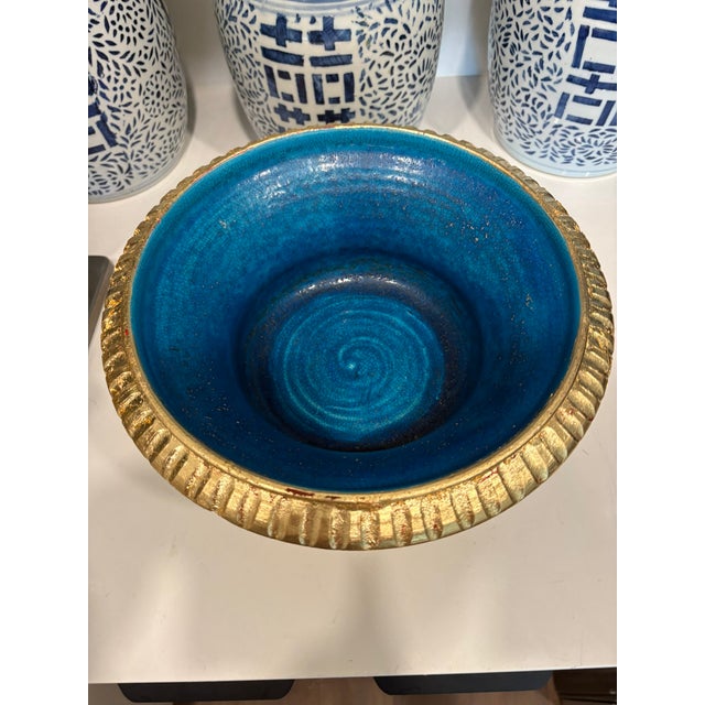 Hollywood Regency Vintage Italian Gold Leaf Footed Urn Bowl With Blue Interior Signed & Numbered For Sale - Image 3 of 14