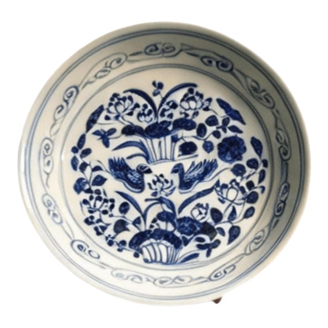 Chinese Ceramic Plate,Guangxu Marked Blue and White Porcelain Plate Hand Painted Mandarin Ducks Pattern For Sale