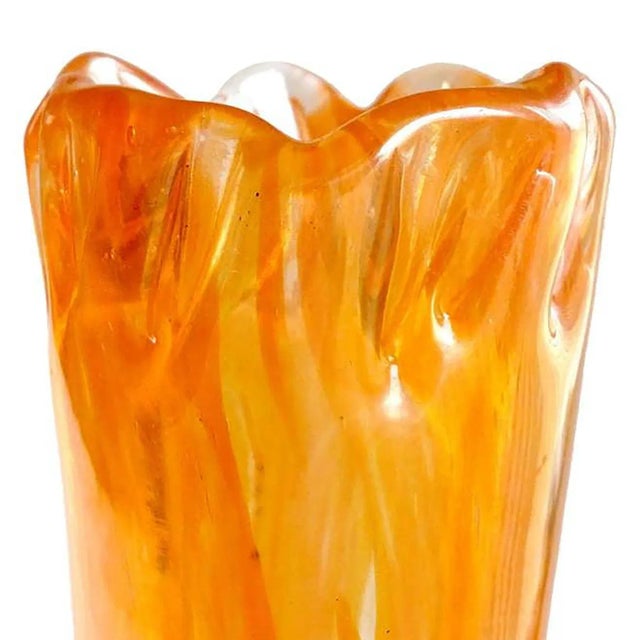 Beautiful, rare, and very large vintage Murano hand blown orange "A Mace" Italian art glass flower vase with iridescent...