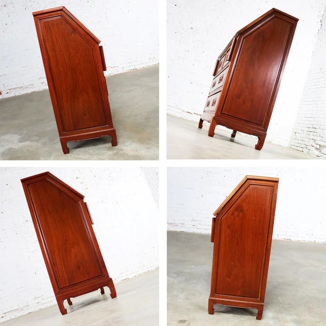 Brown Vintage Asian Desk Teak Hand Carved Drop Front Compartmentalized Style of George Zee For Sale - Image 8 of 13
