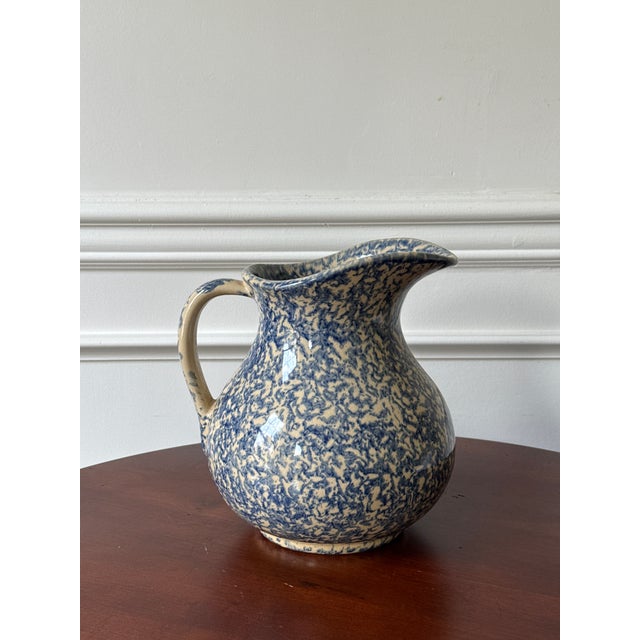 American Vintage Blue and White Spongeware Pitcher For Sale - Image 3 of 7