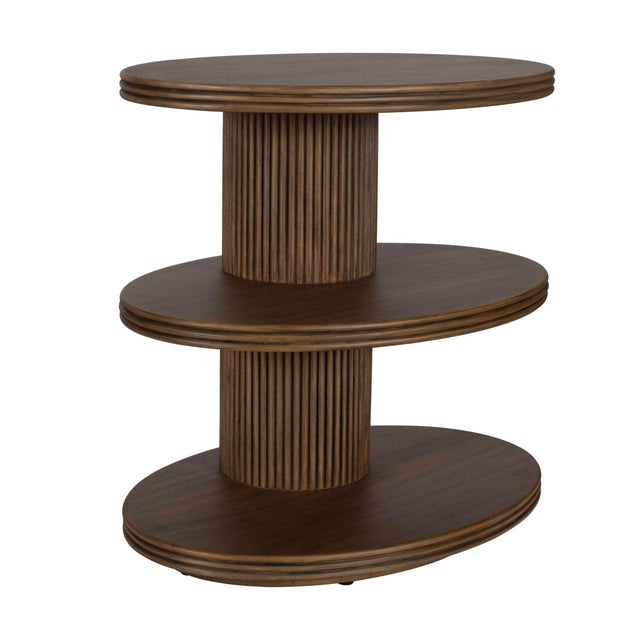 Handcrafted From Mindi Wood With A Rich Dark Walnut Finish, This Distinctive Side Table Features Three Oval Tiers...