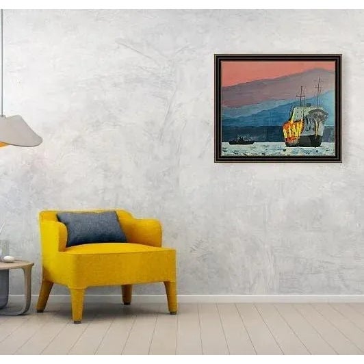 Giclée Late-Century Signed Print on Canvas of Battleship at Sunset on Mediterranean Sea For Sale - Image 4 of 9