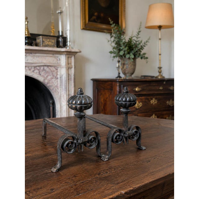 Antique italian fireplace andirons, pair of 17th-century italian iron and bronze andirons. dimensions: d 52 × w 25 × h 29...